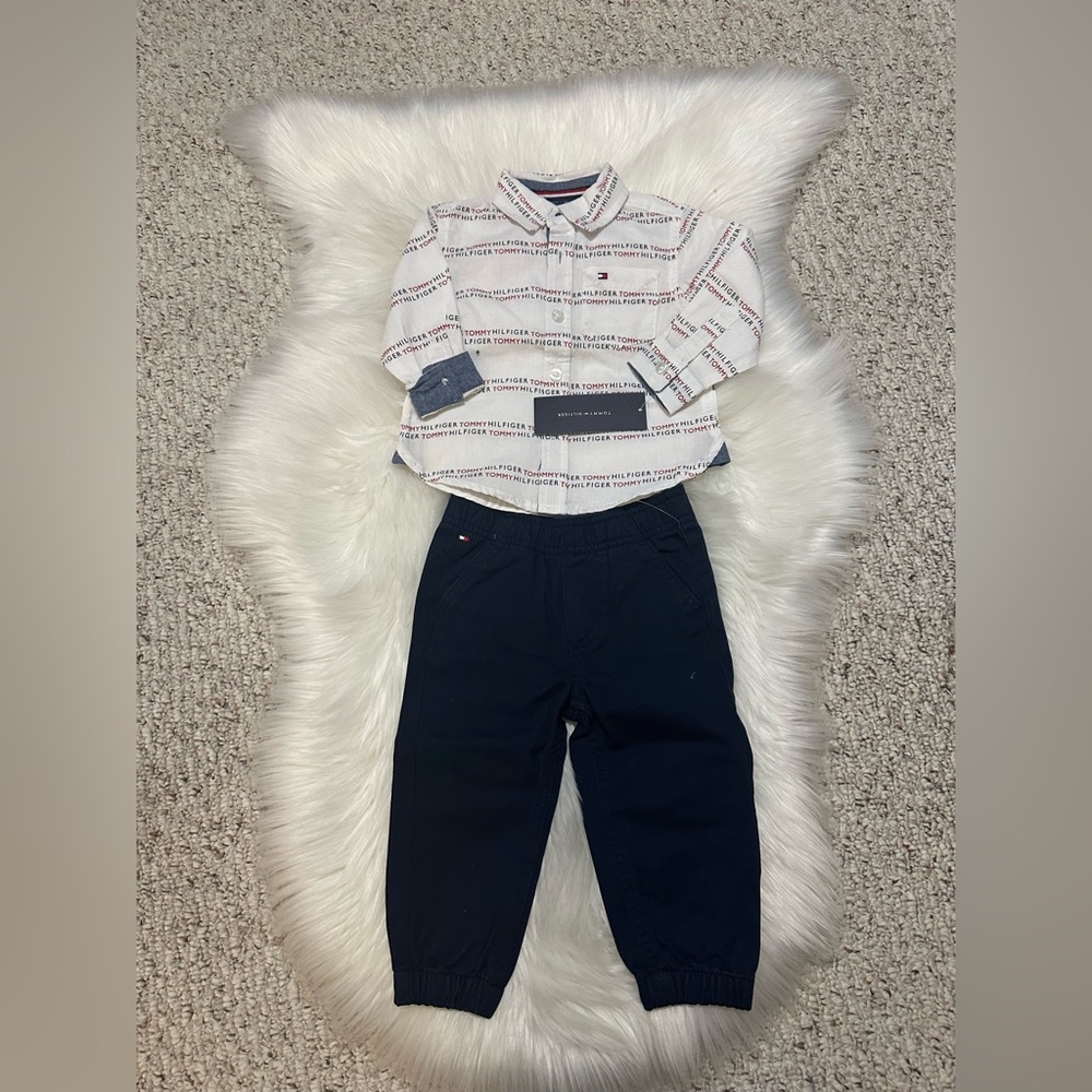NWT TOMMY HILFIGER Baby Boys Long Sleeve Button-Front Shirt and Joggers